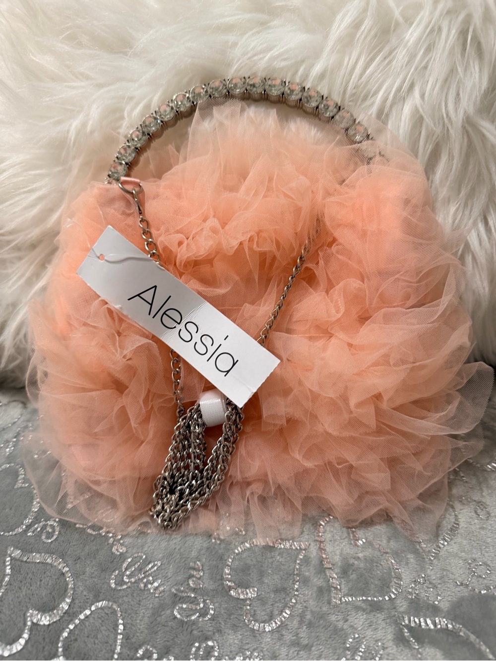 Alessi Peach Tulle Evening Bag with Rhinestone Handle and Chain